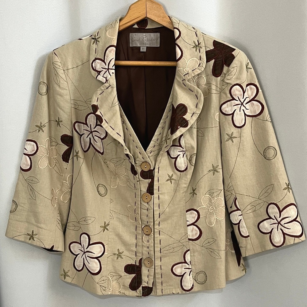 Vintage Emil Rutenberg Linen Blazer Women M Beige Floral Embroidered Boho Artsy